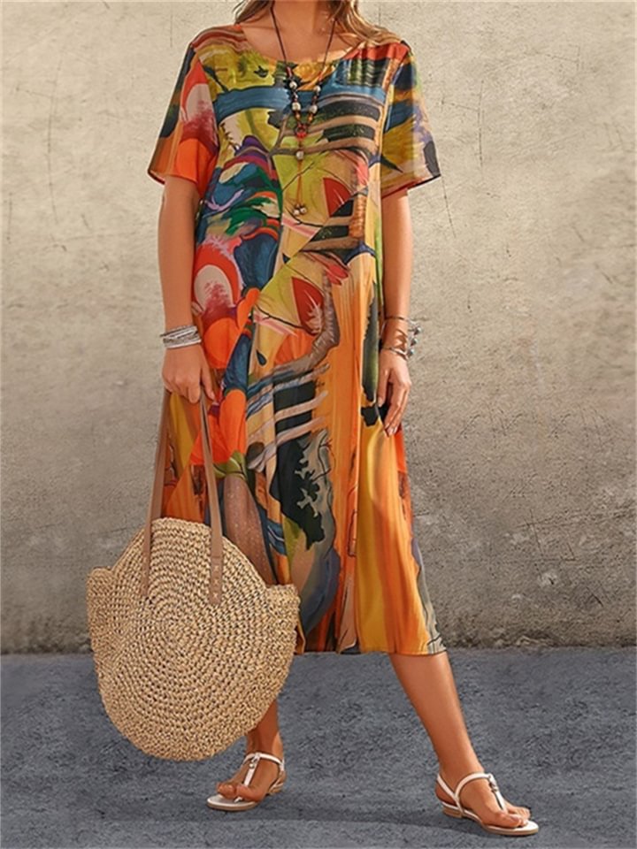 Fashion Casual Print Dress Short Sleeved Beach Dress | EGEMISS