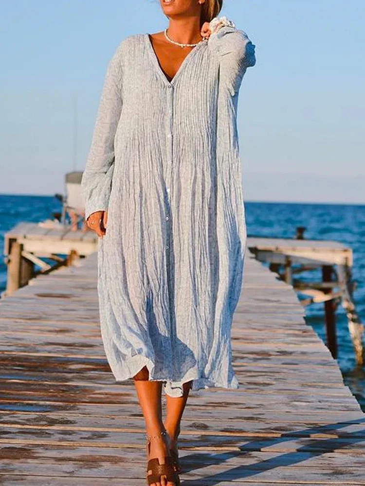 BLUE CASUAL PLAIN STRAIGHT V NECK DRESS