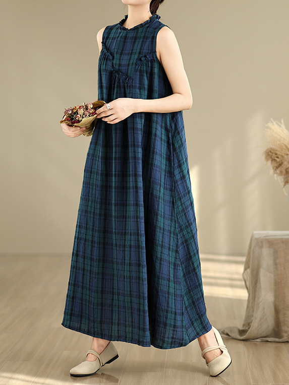 Plaid Print Sleeveless Loose Cotton Linen Maxi Dress