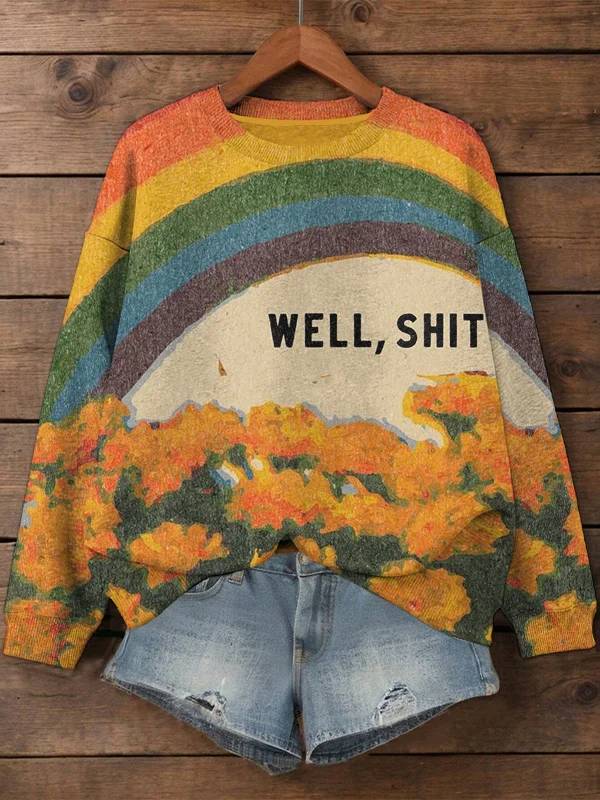 Women's Well Shit Retro Fun Rainbow Floral Art Print Casual Sweatshirt