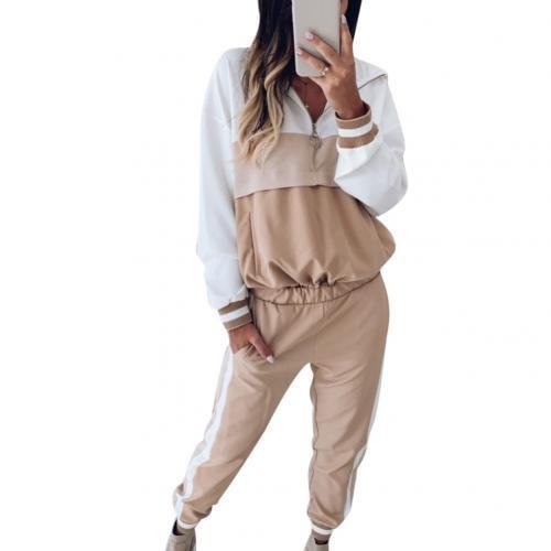 2Pcs Sport Women Color Block Zip Hoodie Elastic Waist Ankle Tied Pants Tracksuit Casual and stylish style suitable for sports