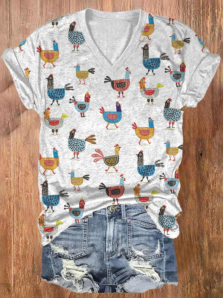 Funny Farm Chicken Print V-neck Casual Cotton T-shirt