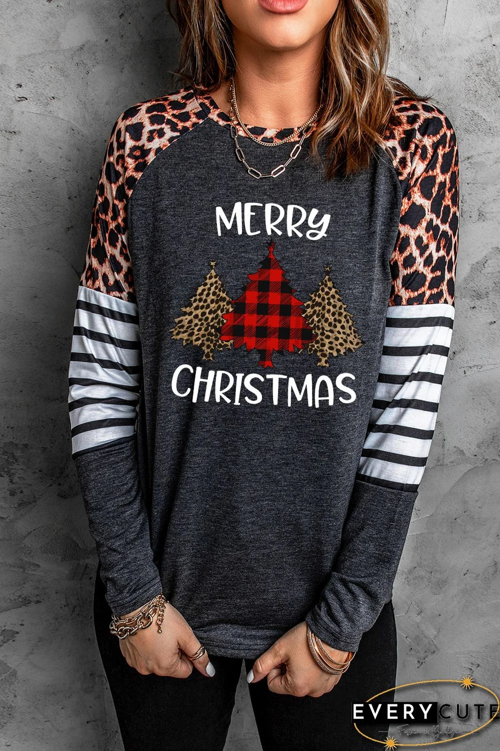 MERRY CHRISTMAS Leopard Plaid Trees Raglan Top