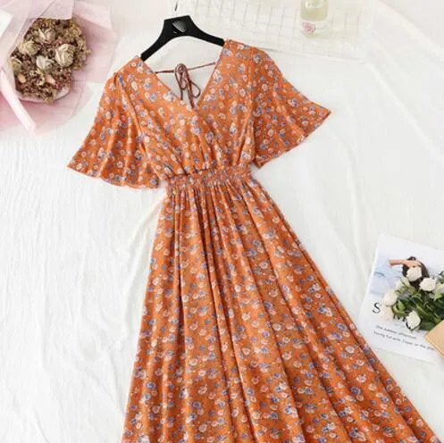 2020 Slim V Neck Summer Midi Long Dress Vestido Party Short sleeve Chiffon dress Women Casual Elegant print A-Line Vestidos