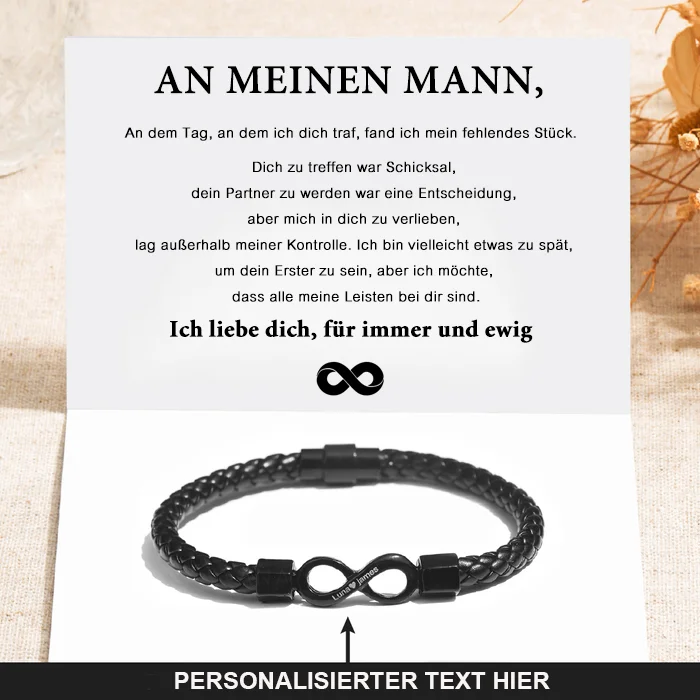 Kettenmachen Herren Personalisierter Text Infinity Leder Armband- An Meinen Mann Ich liebe dich, für immer und ewig-Geschenk mit Nachrichtenkarte