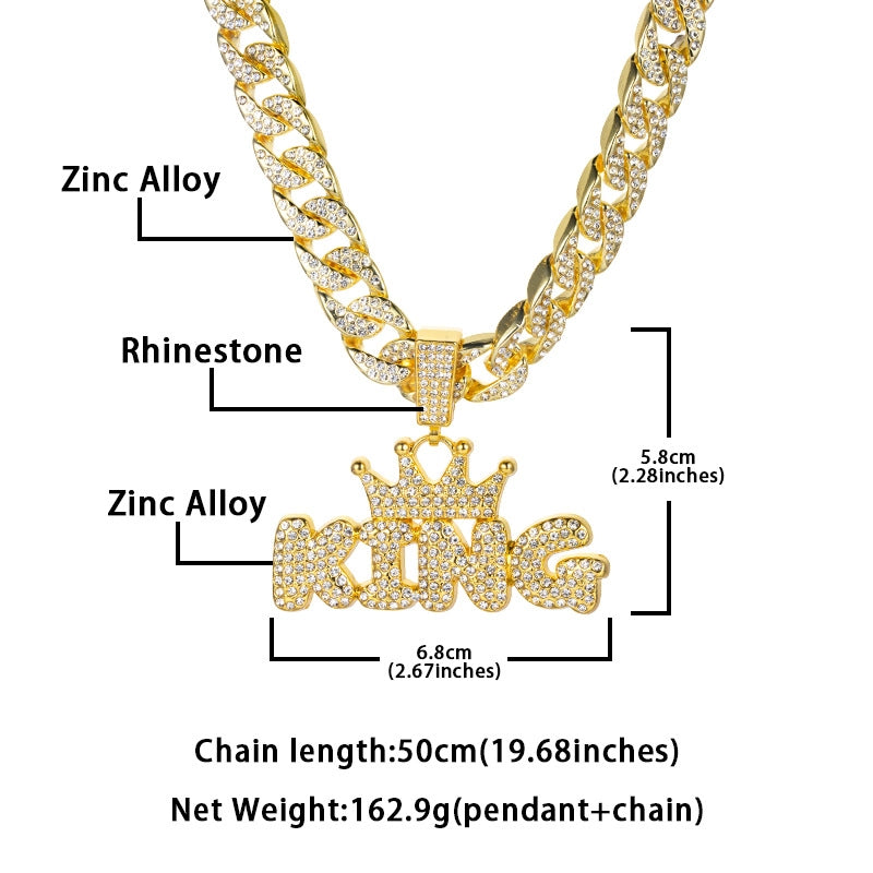 Style Crown Letters King Full Diamond Pendant Thickened Cuban Link Chain Trendy Men Hip Hop Sold Jewelry2