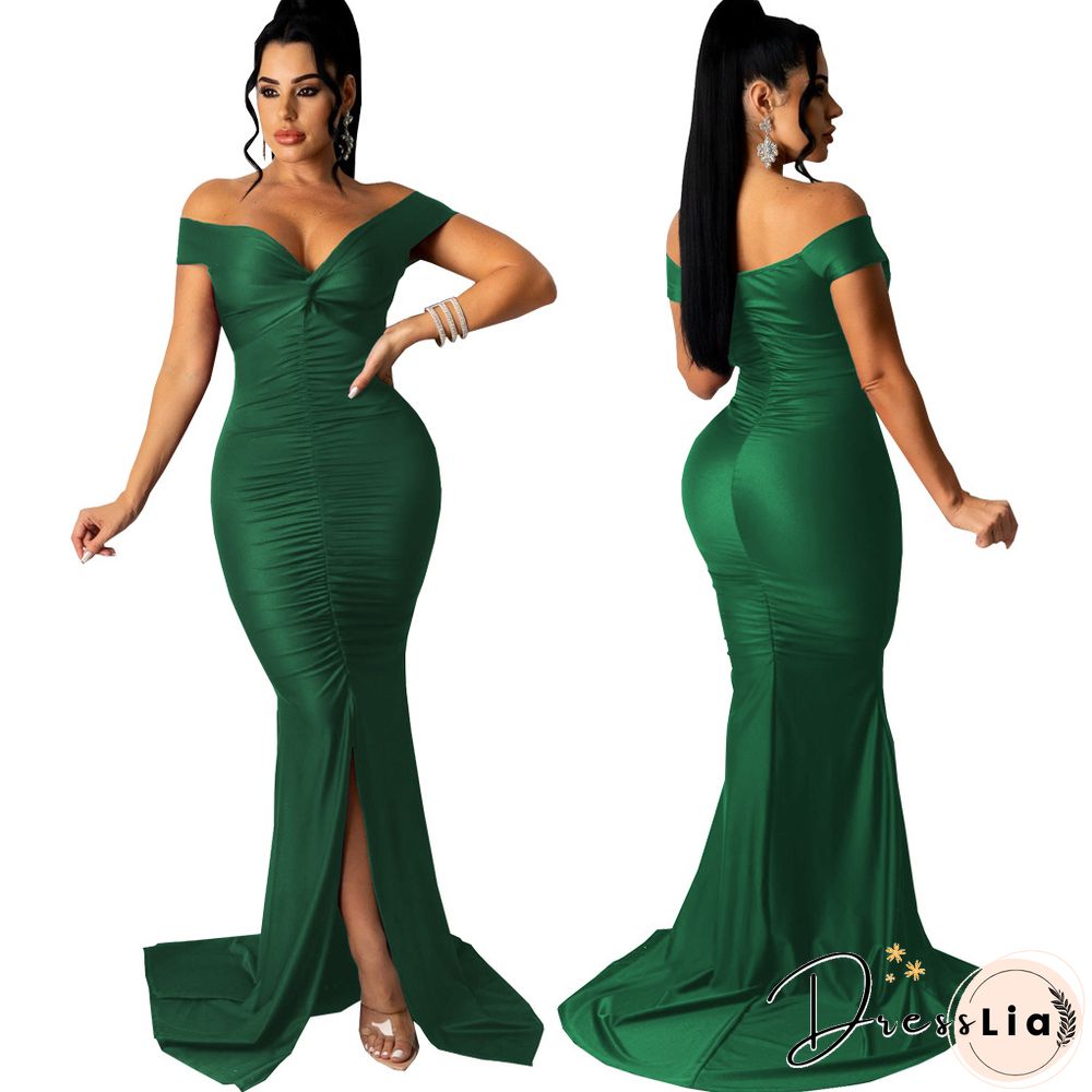 Low Cut Slash Neck Ruched Split Maxi Cocktail Dresses