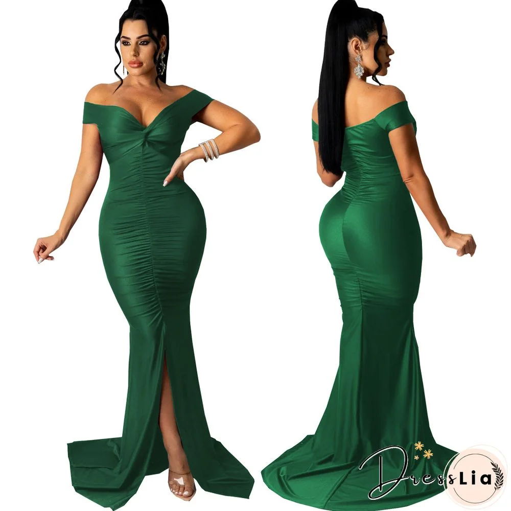 Low Cut Slash Neck Ruched Split Maxi Cocktail Dresses