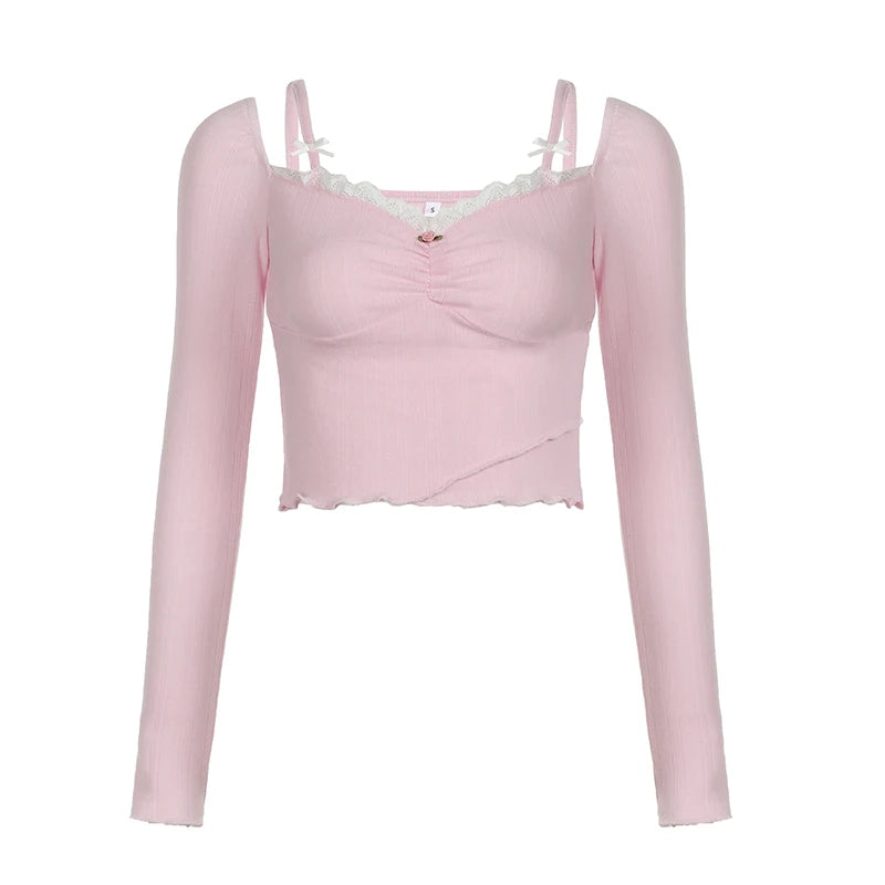 Aiertu Sweet Off-shoulder Cute Crop Top Lace Patchwork Pink Coquette Aesthetic Slim-fit Long Sleeve Knitted T-shirts Ladies y2k Aiertu
