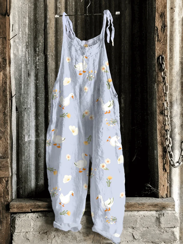 Vintage Cute Ducks Print Casual Jumpsuit