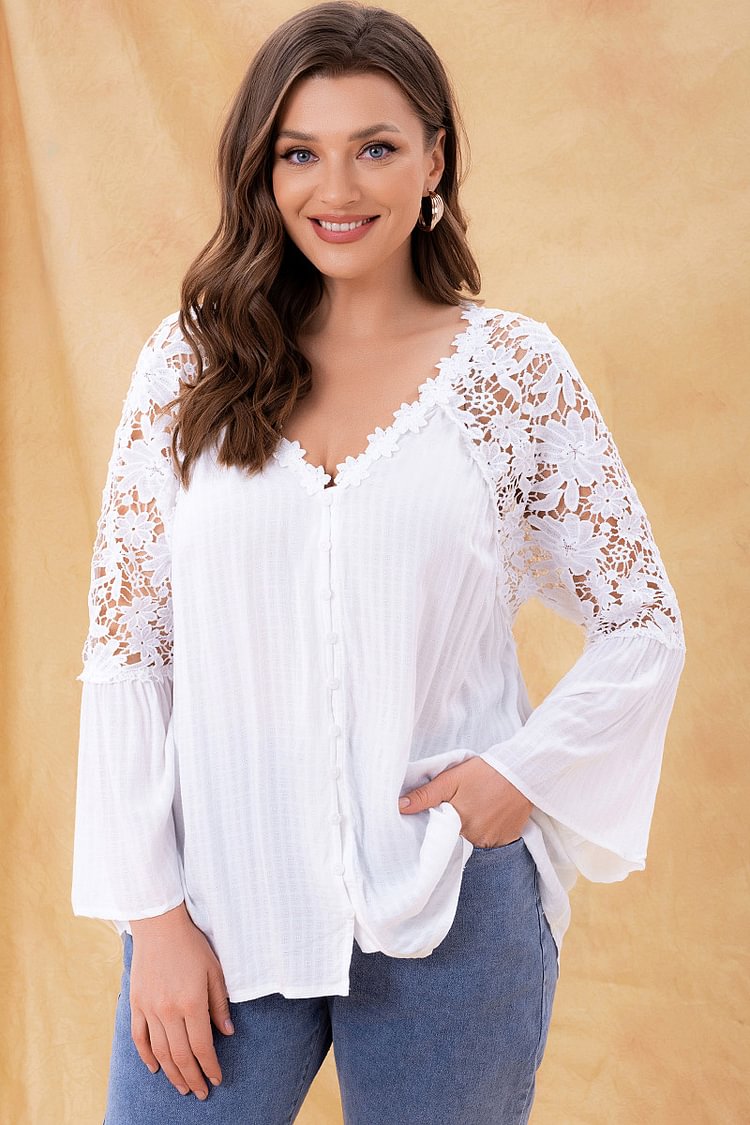 Flycurvy Plus Size Casual White Lace Stitching Flare Sleeve V Neck Blouse  Flycurvy [product_label]