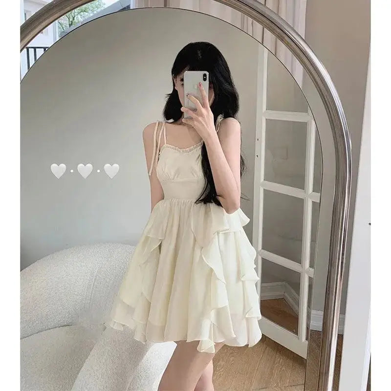 Aiertu Women's Sexy Mini Dress, Sleeveless, High Waist, Ruffle, Kawaii, Japanese, Young Girl, Casual Sundress, Summer, Aiertu