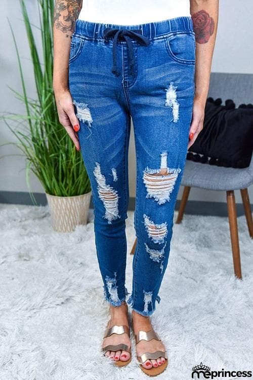 Ripped Drawstring Denim Jogger