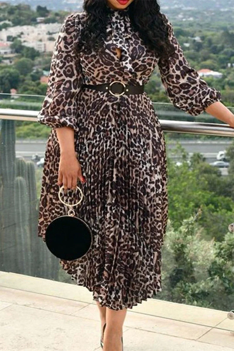 Fashion Casual Print Asymmetrical Long Sleeve Dresses (Without Belt)