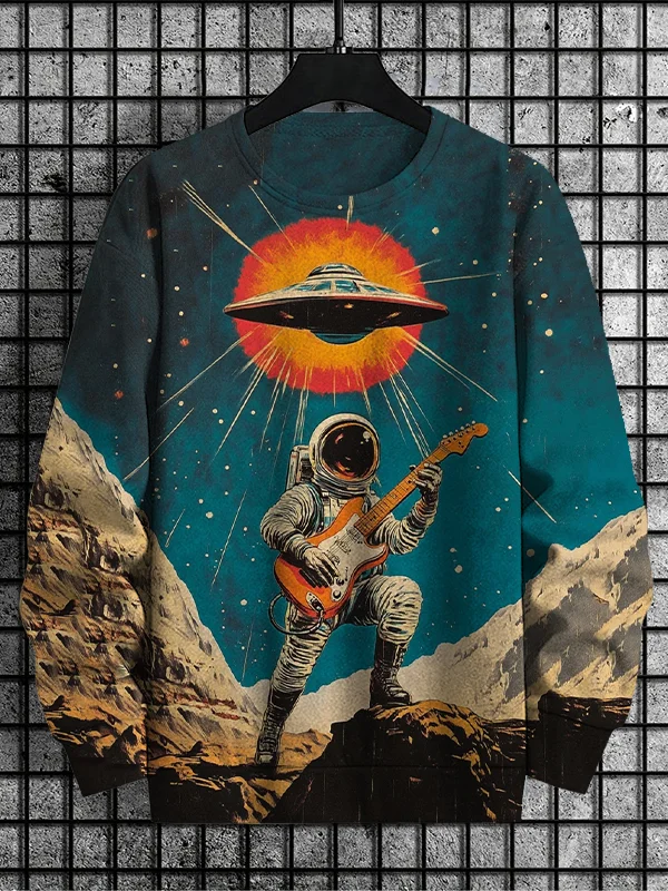 Men's Retro Space Rock Astronaut Print Casual Sweatshirt