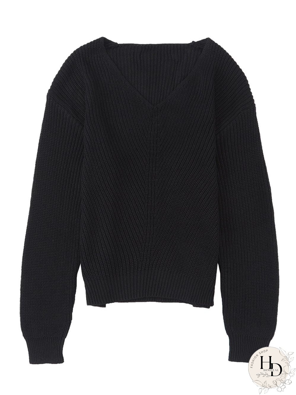 Elegant Black V-Neck Ribbed Knit Sweater
