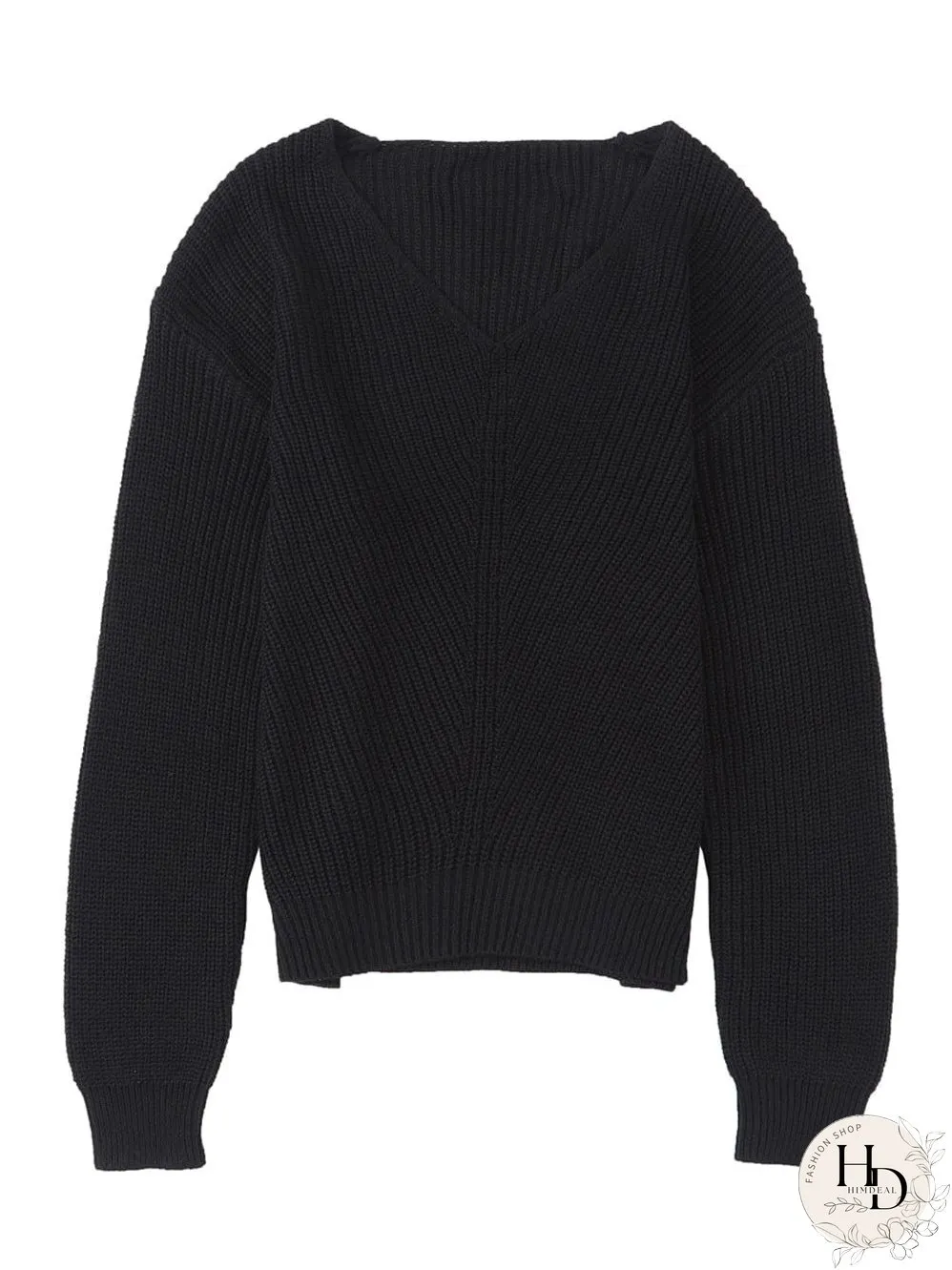 Elegant Black V-Neck Ribbed Knit Sweater