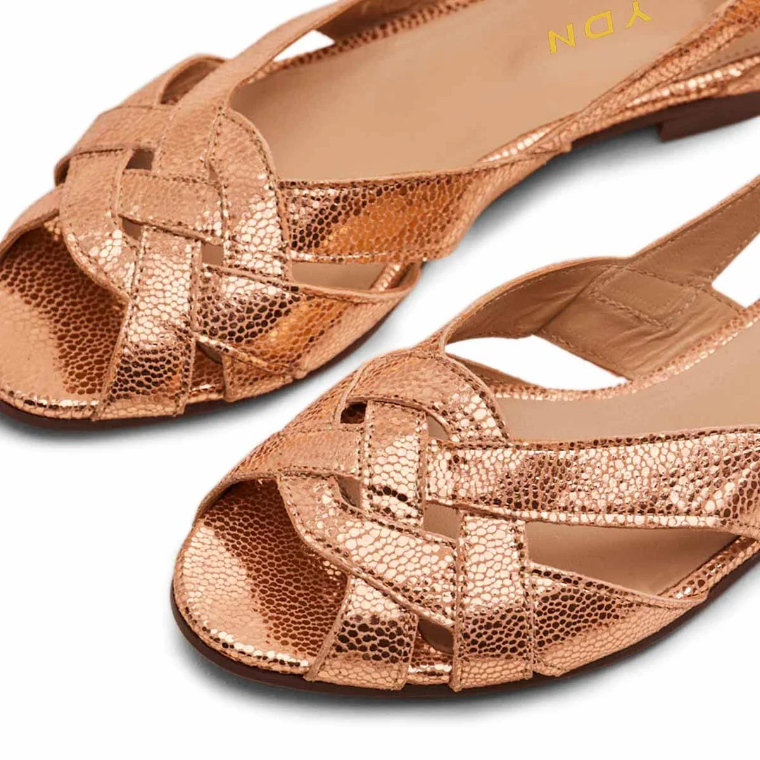 YDN Gold Crackle Finish Peep Toe Woven Flat Sandals for Women