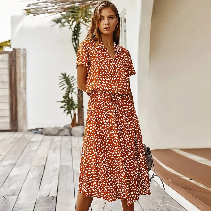2021 New Summer Women's Elegant Short Sleeve Polka Dot Print Dress Shirt Collar Button Lace Up Temperament Ladies Long Dress