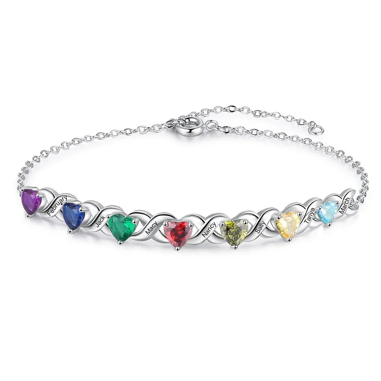 Personalized 7 Name Charm Bracelet with 7 Birthstone