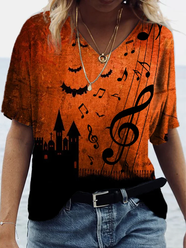 Halloween Music Note Art Print V-Neck T-Shirt