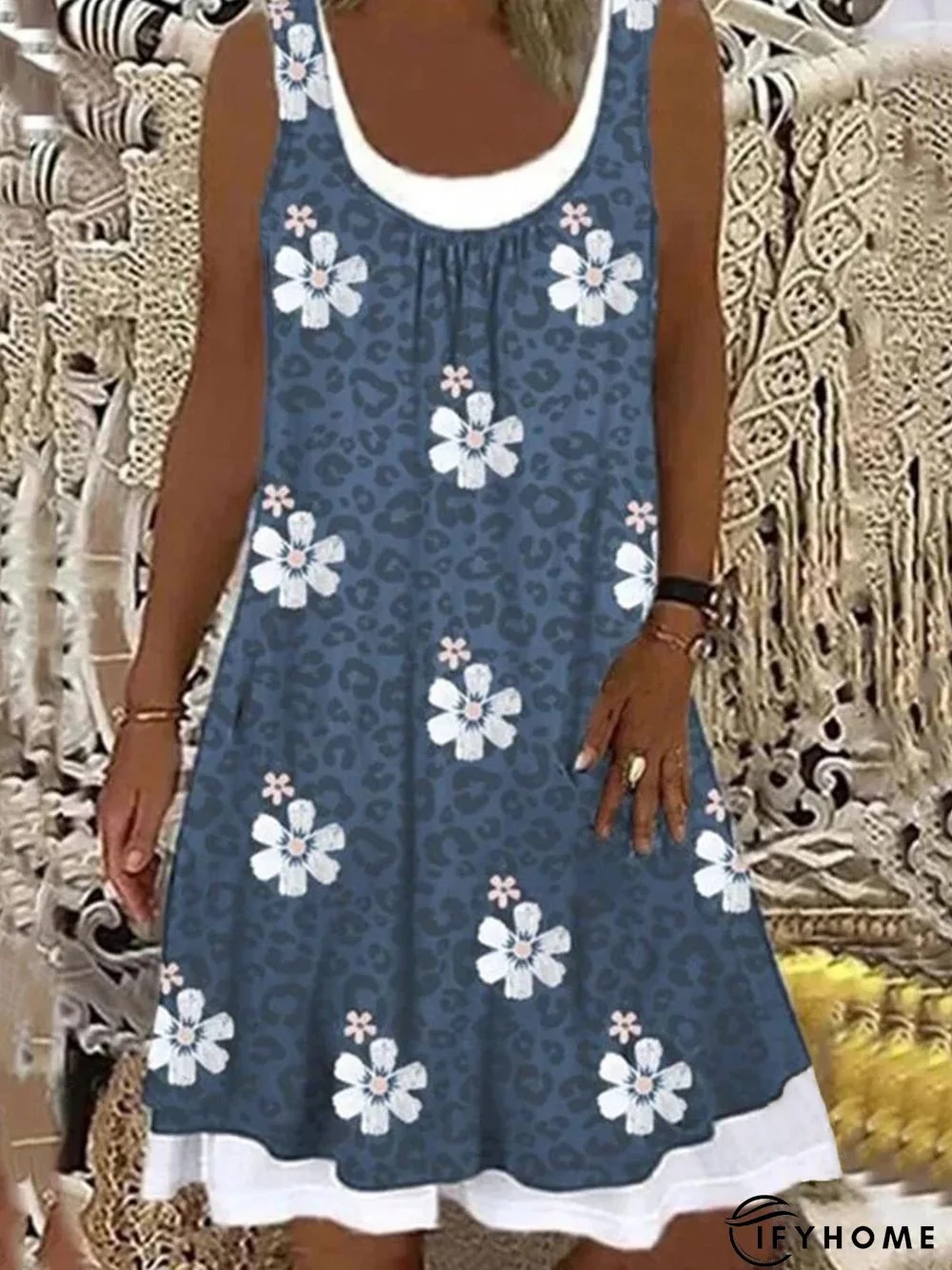 Floral Casual Patchwork Loosen Sleeveless A-line Dress | IFYHOME