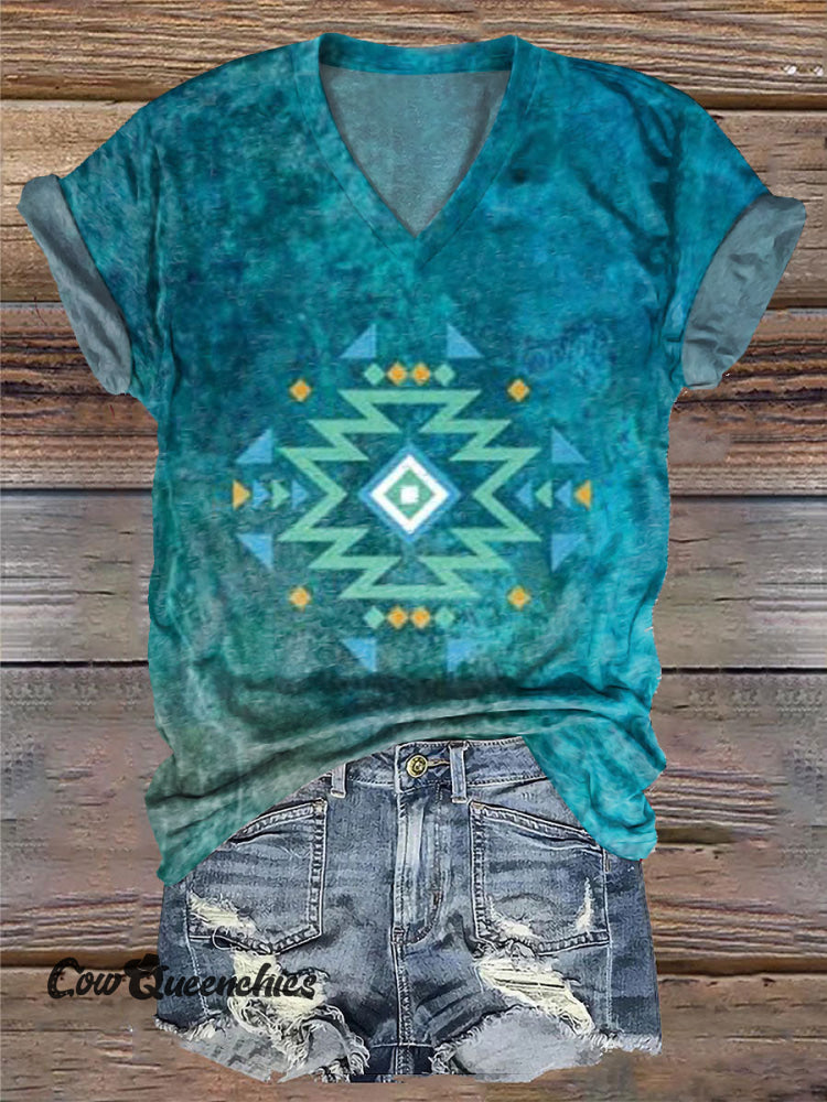 Women’s Turquoise Aztec Print V-neck Casual T-Shirt Multicolor / S