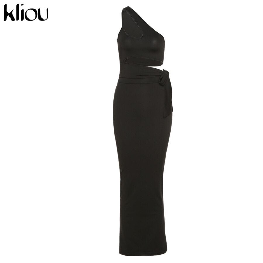 Kliou Solid Hollow Out Ruched Sexy Women Maxi Dress 2021 New Fashion Summer Sleeveless Diagonal collar Sheath Partywear Skirts