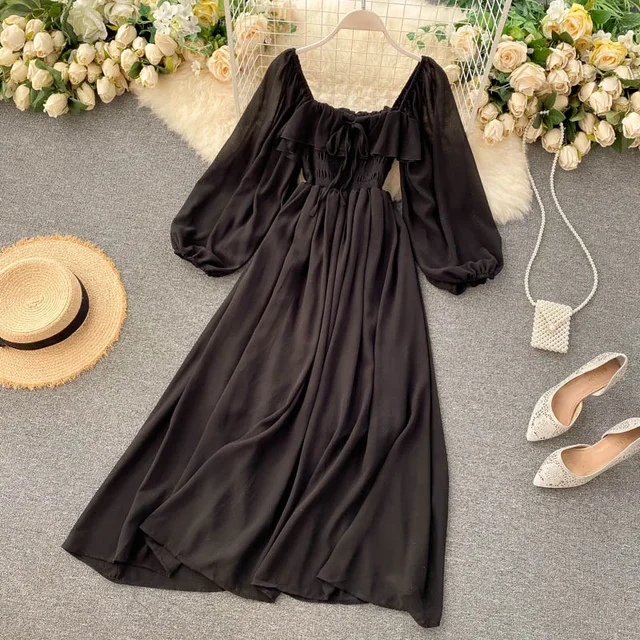 Women's Solid Color Chiffon Puff-Sleeve Summer Dress