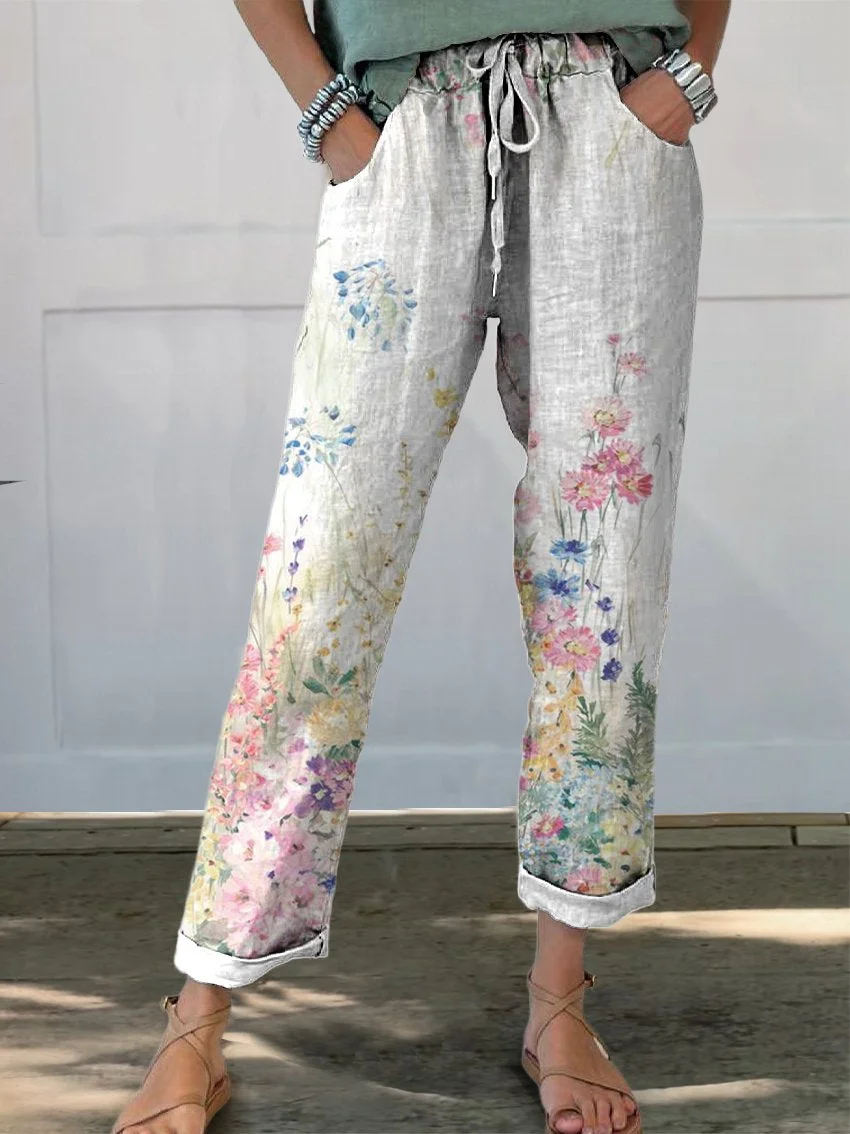 Women's Vintage Botanical Floral Printed Cotton And Linen Casual Pants