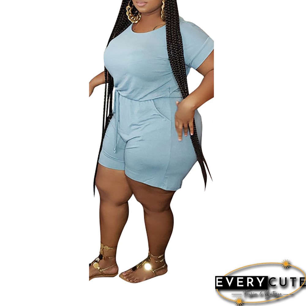 Light Blue Tie Waist Plus Size Romper