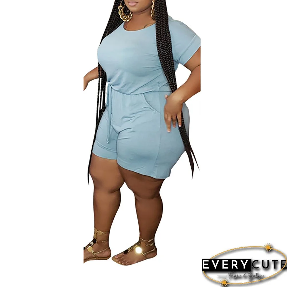 Light Blue Tie Waist Plus Size Romper