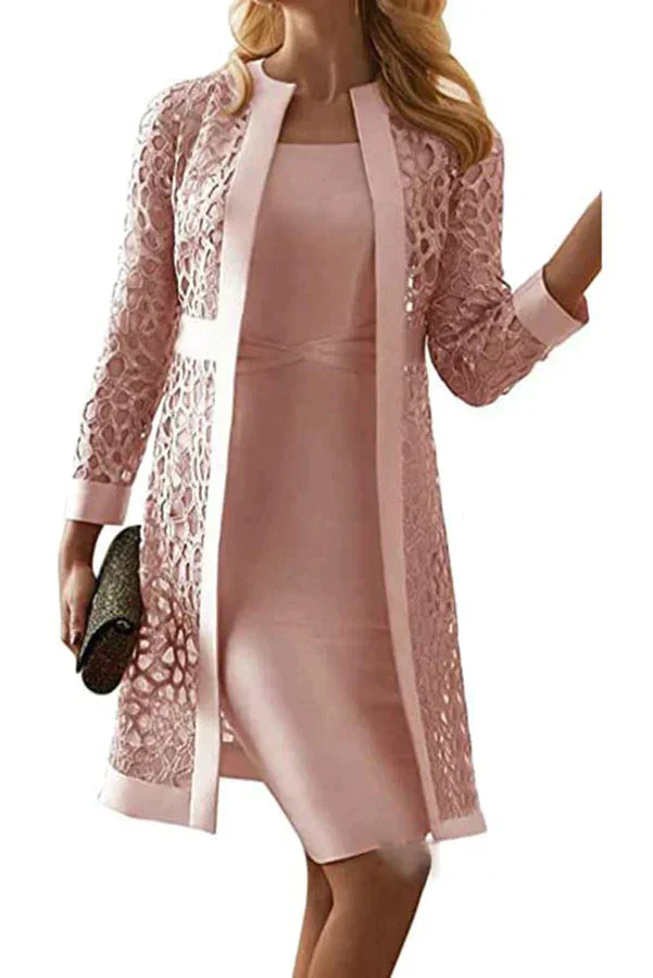 Formal Knee Length Dress with Lace Cardigans Sets