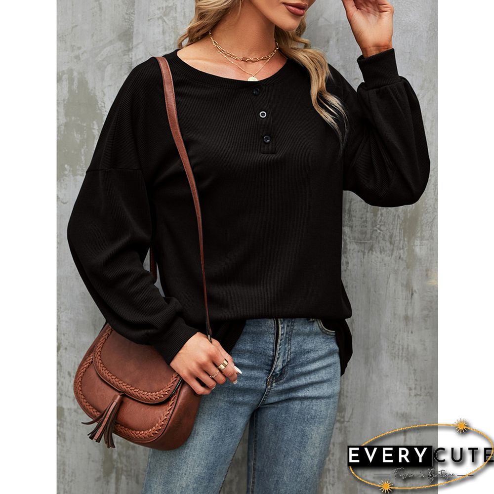 Black Button-up Drop Shoulder Puff Sleeve Tops