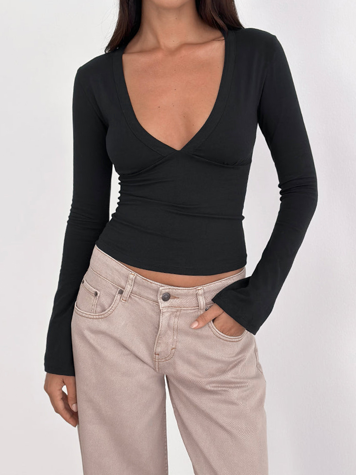 Deep V-Neck Cross-Front Long Sleeve Cropped Top - HIGIANNA&reg;