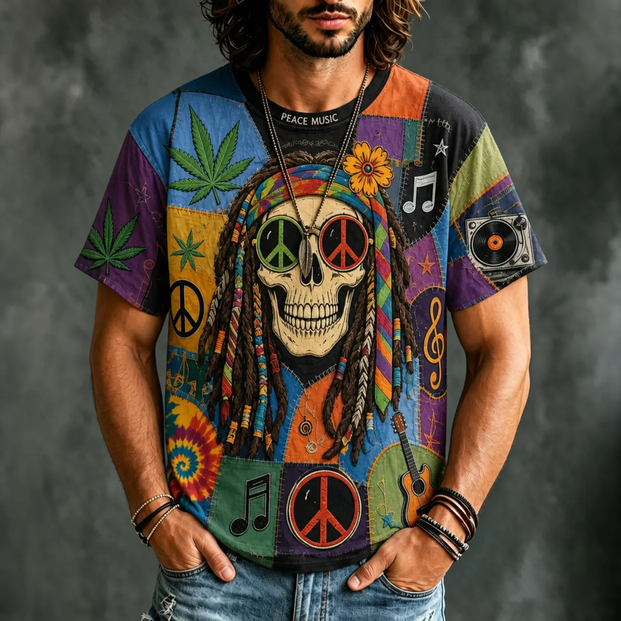 Men's Hippie Peace Music Skull Design T-shirt elevenforest