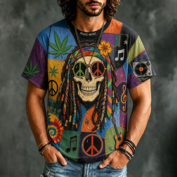 Men's Hippie Peace Music Skull Design T-shirt