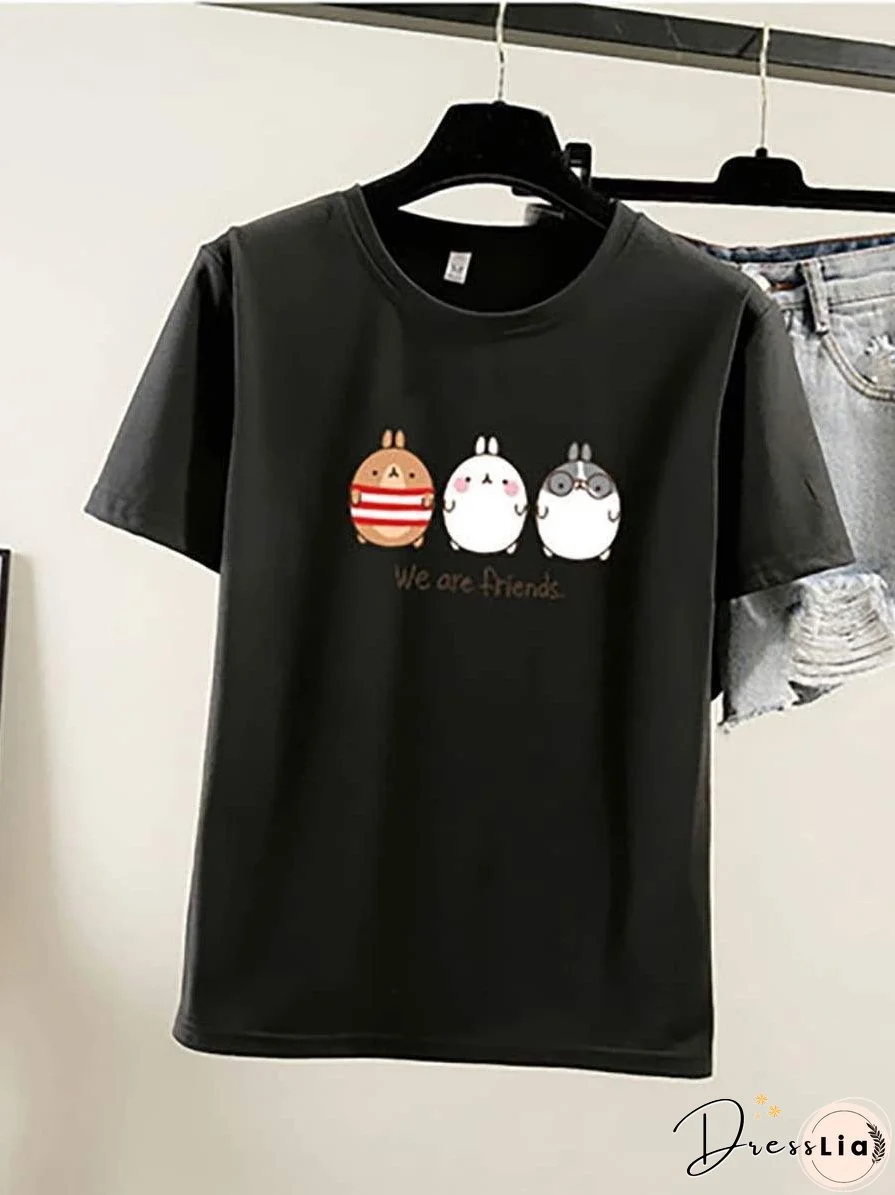 Pure Color Cartoon Print Loose T-Shirt