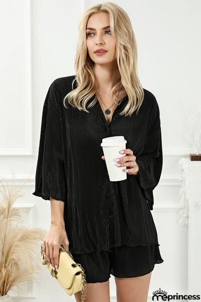 Pleated Button Up Shirt and Shorts Lounge Set