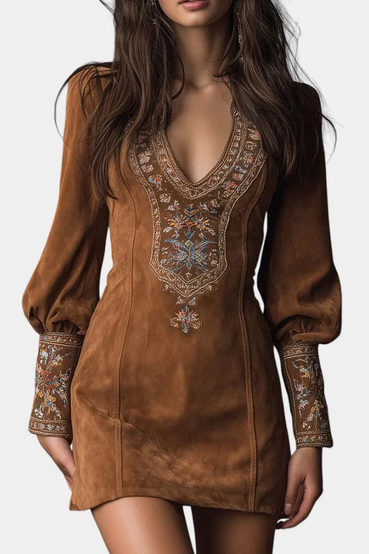 Vintage V-Neck Mini Dress with Embroidered Sleeves