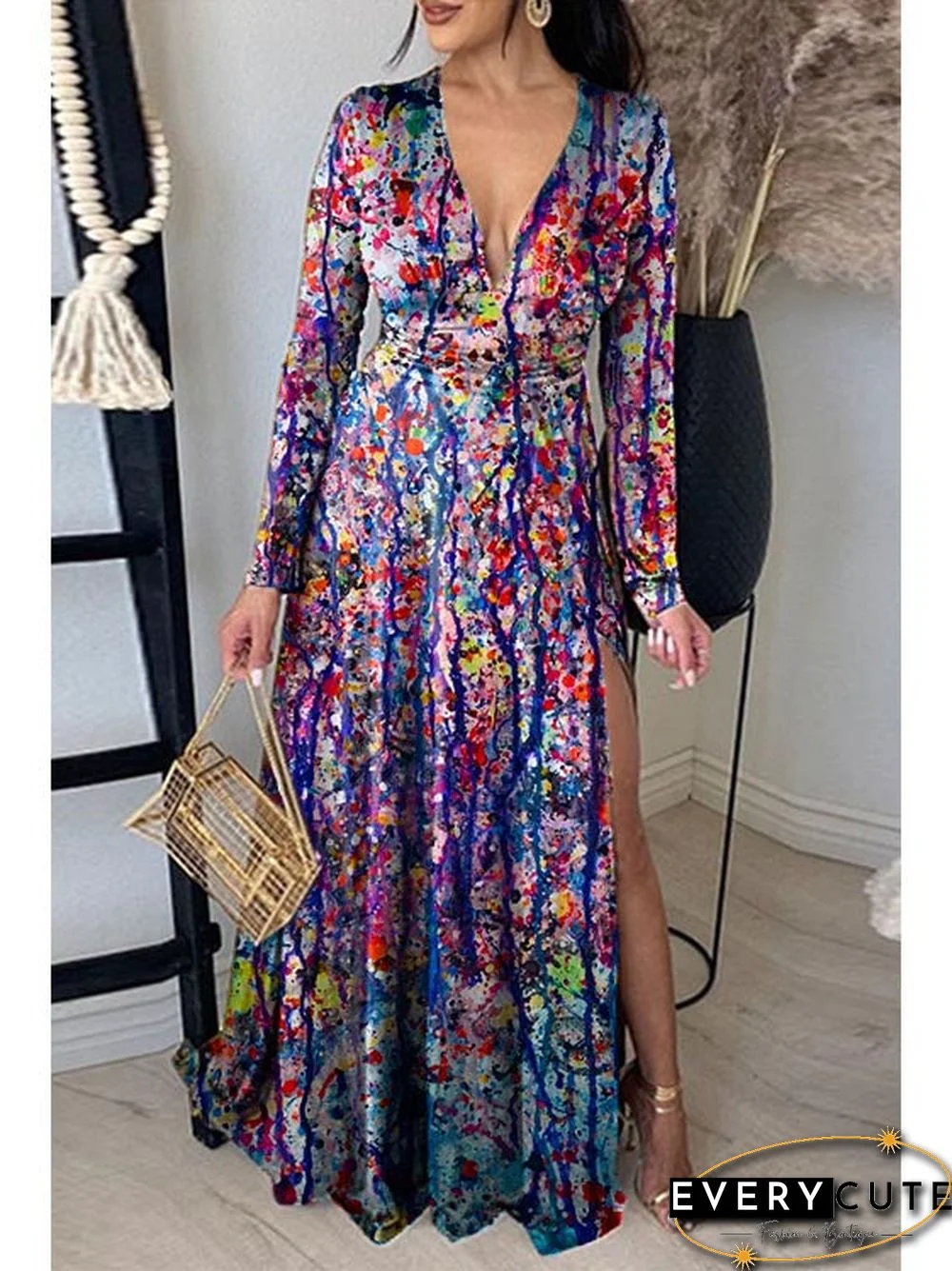 Printed Neck Pleated Elegant Slit V-Neck Maxi Dress