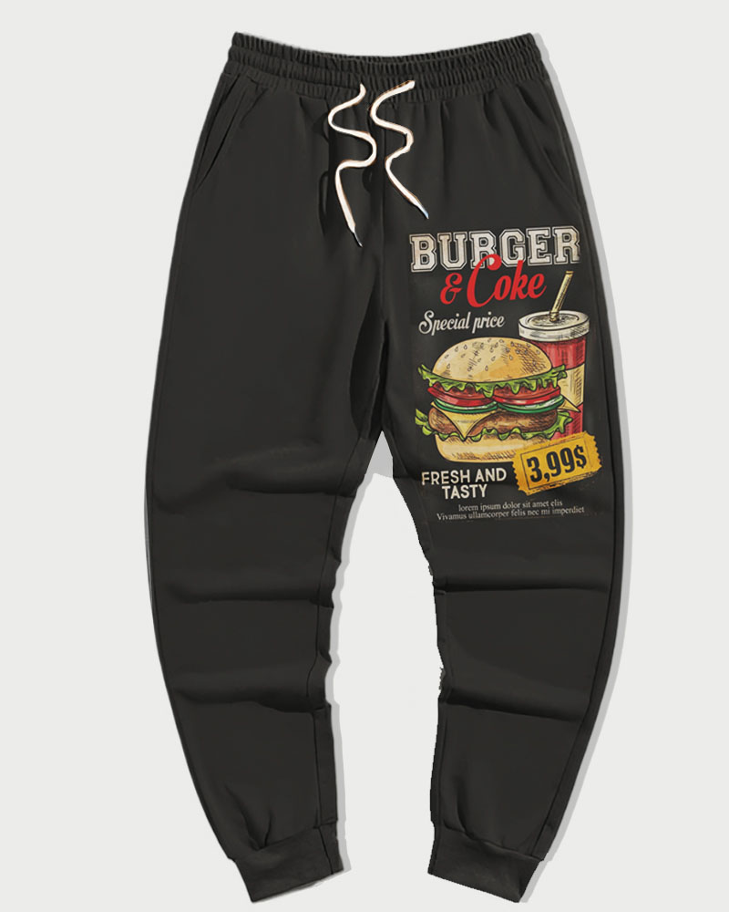 Men's Casual Retro Burger Print Plus Size Hoodie Suit
