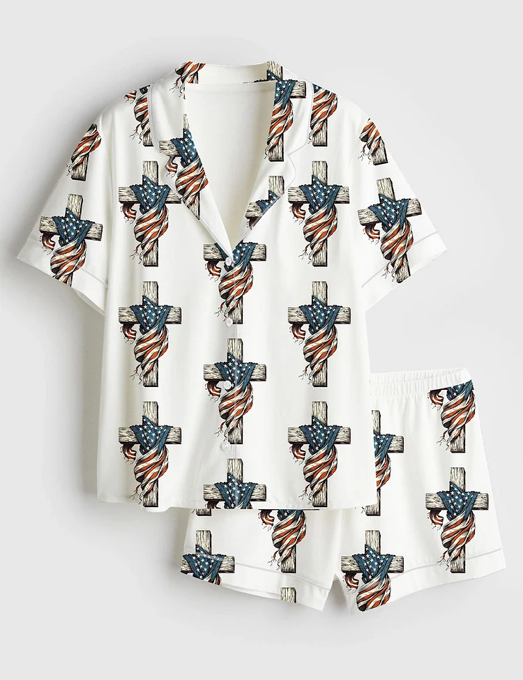 Women&rsquo;s One Nation Under God Patriotic 4th Of July Christian American Flag Cross Short Sleeve Satin Pajama Set