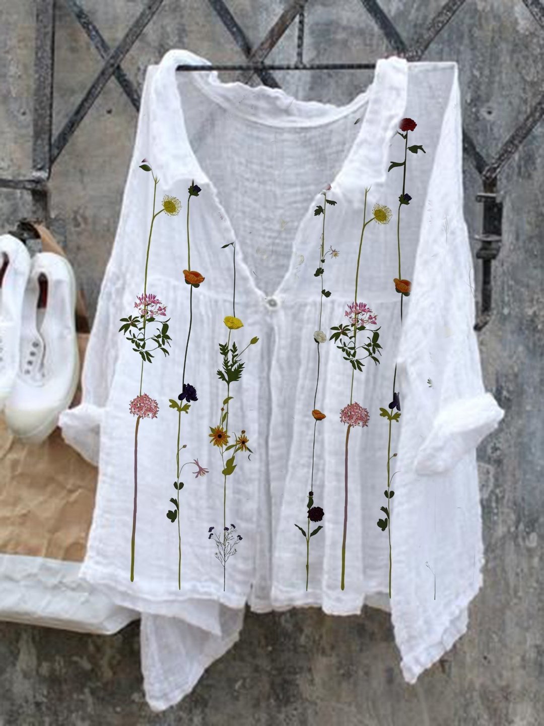 Casual Printed Long Sleeve Cotton Linen Top