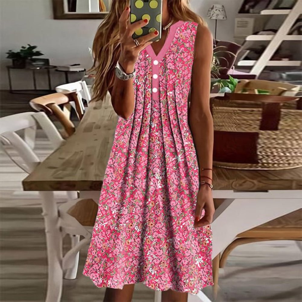 Sweet V-Neck Pink Print Mini Dress