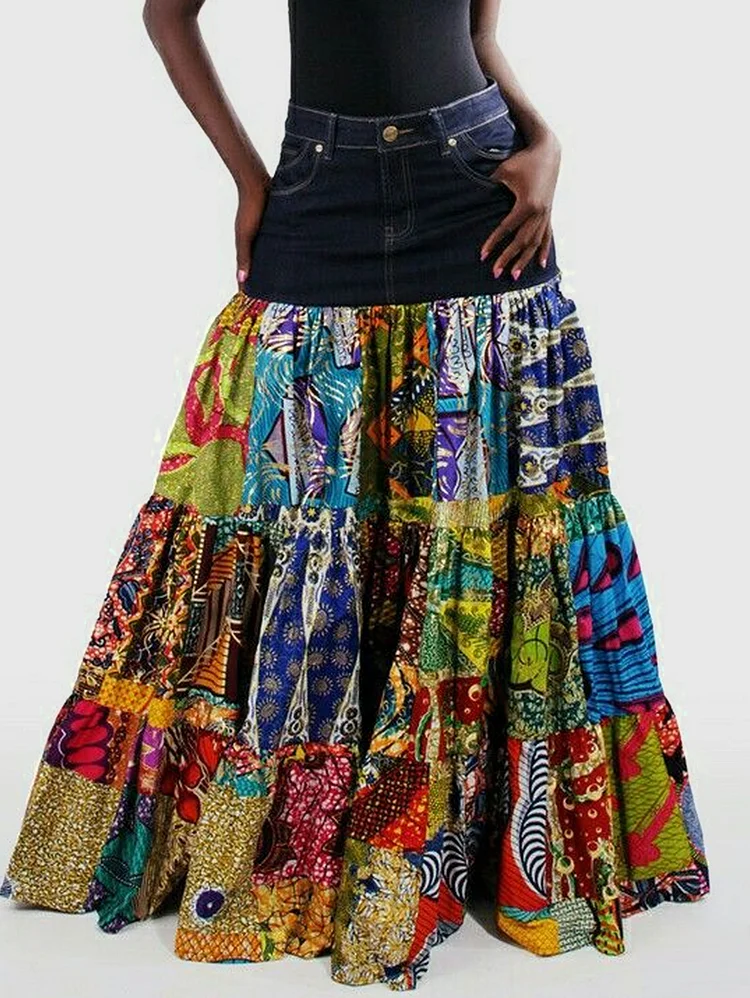 Boho Denim Patchwork Tiered Pocket Maxi Skirt