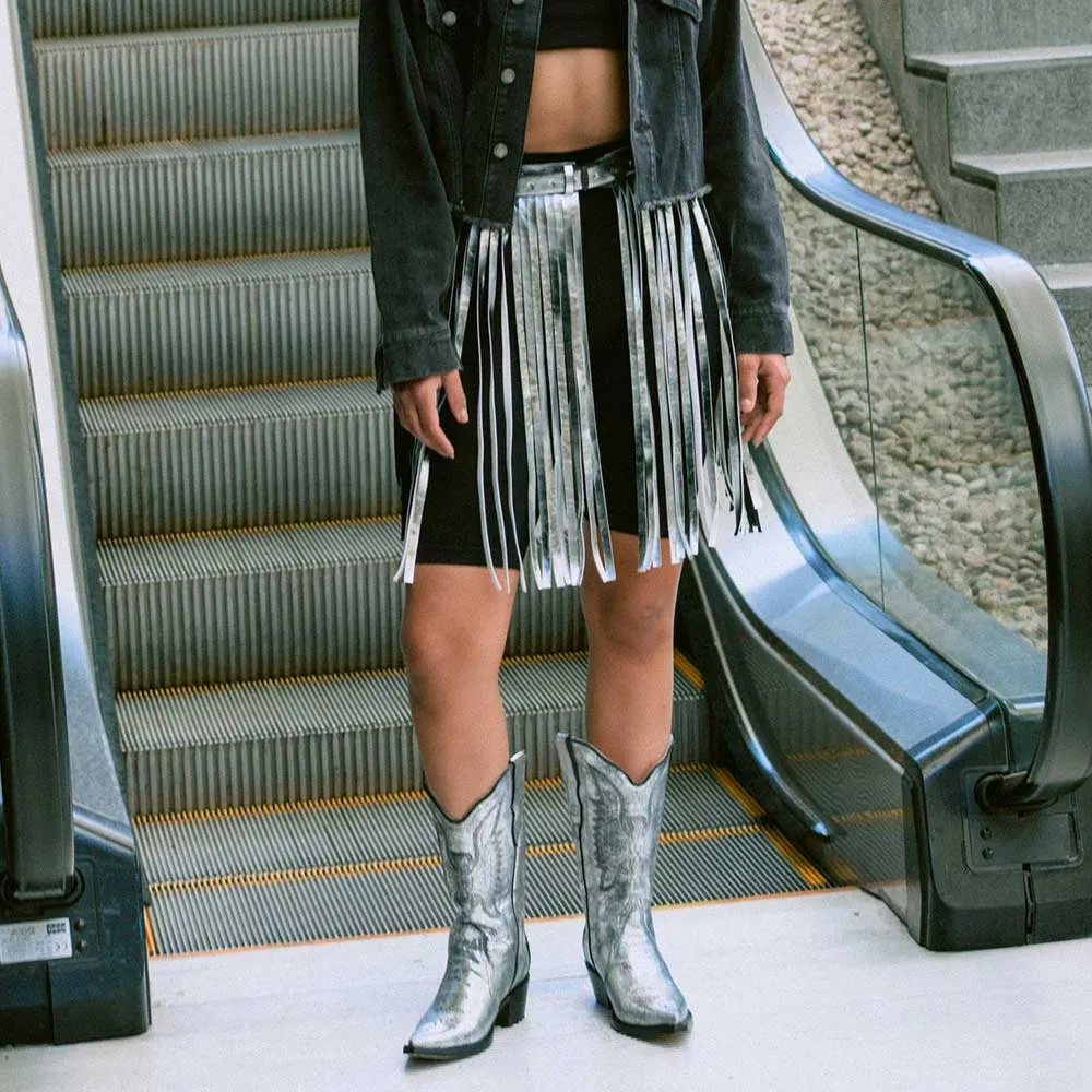 Silver Pointed Toe Embroidered Mid Calf Women's Western Boots
