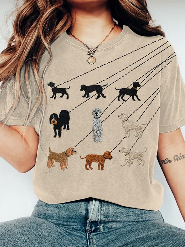 Women's Walking Puppy Dog Print Casual T-Shirt