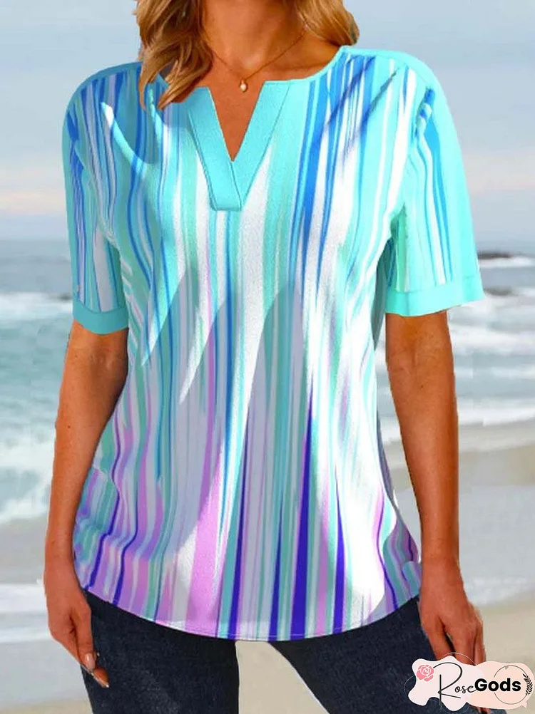 Loosen Ombre V Neck Short Sleeve Tops