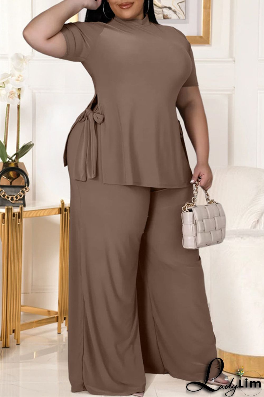 Black Fashion Casual Solid Bandage Slit Turtleneck Plus Size Two Pieces